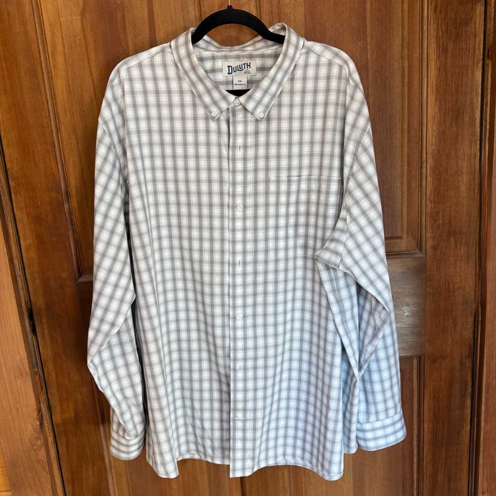 Duluth Trading Co Mens 2XL Relaxed Fit Plaid Button Down Shirt Grey White Cotton
